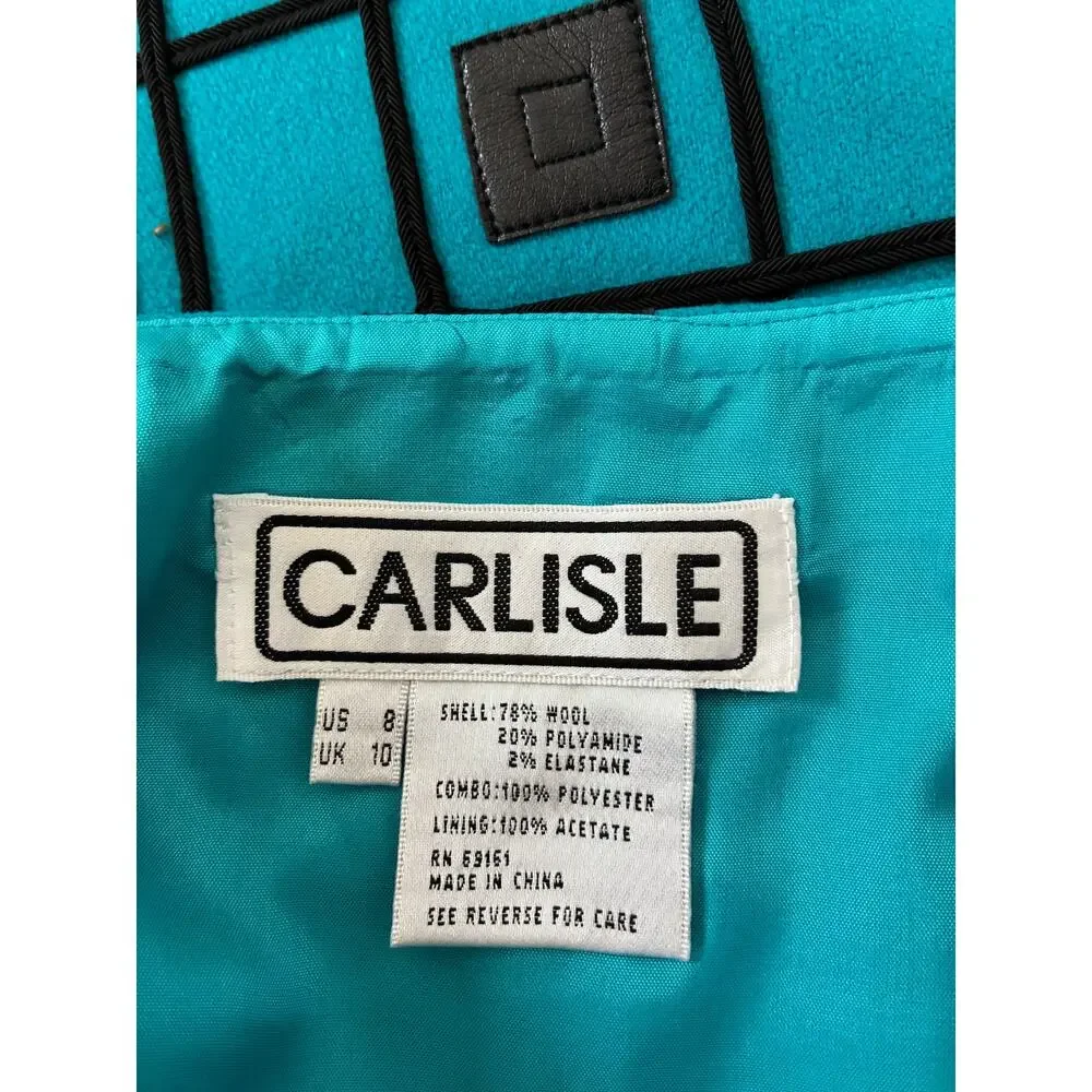 Carlisle Skirt Pencil Wool Blend Turquoise Black Geometric Raised Pattern Size 8